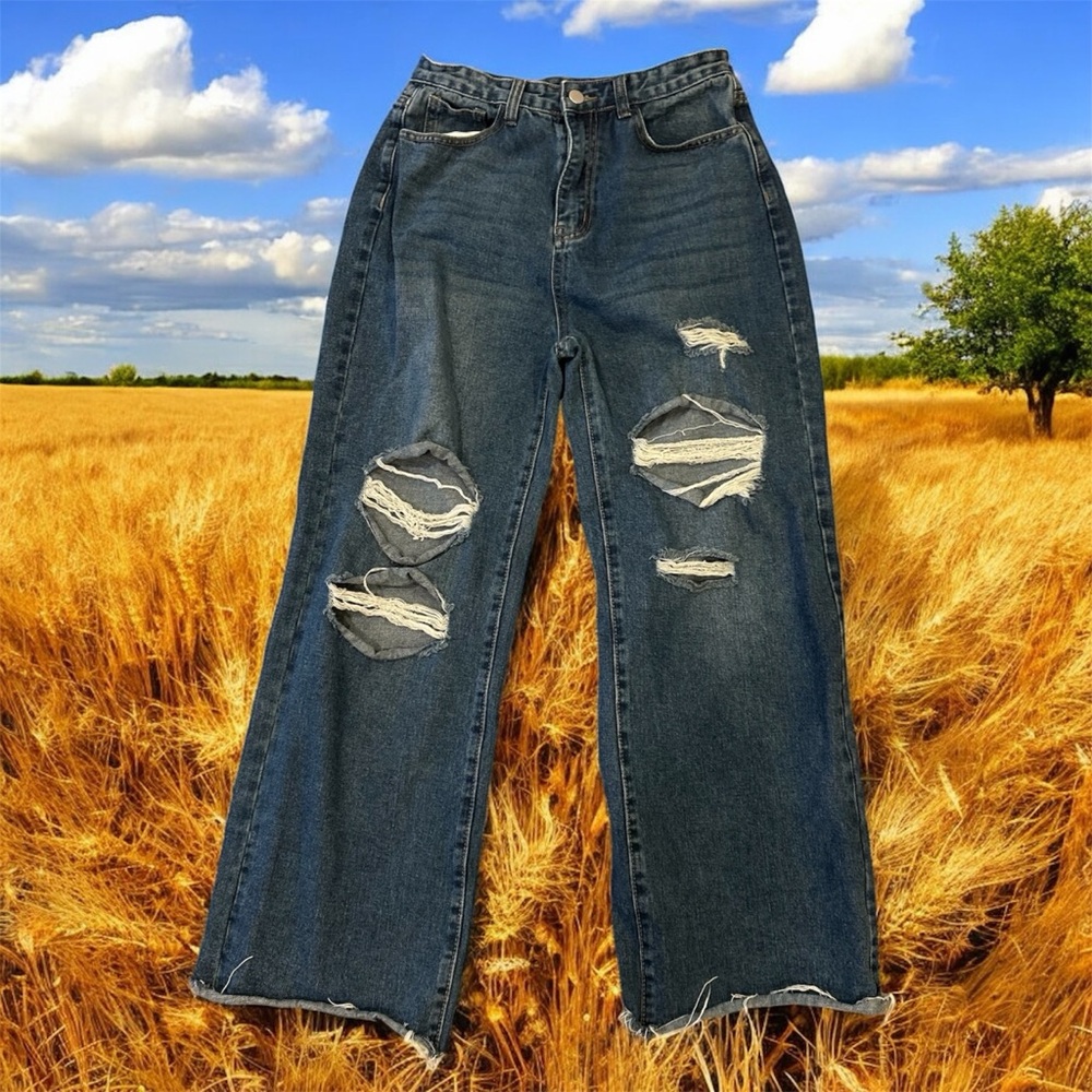 Cider high rise, wide leg, distressed jeans with raw hem